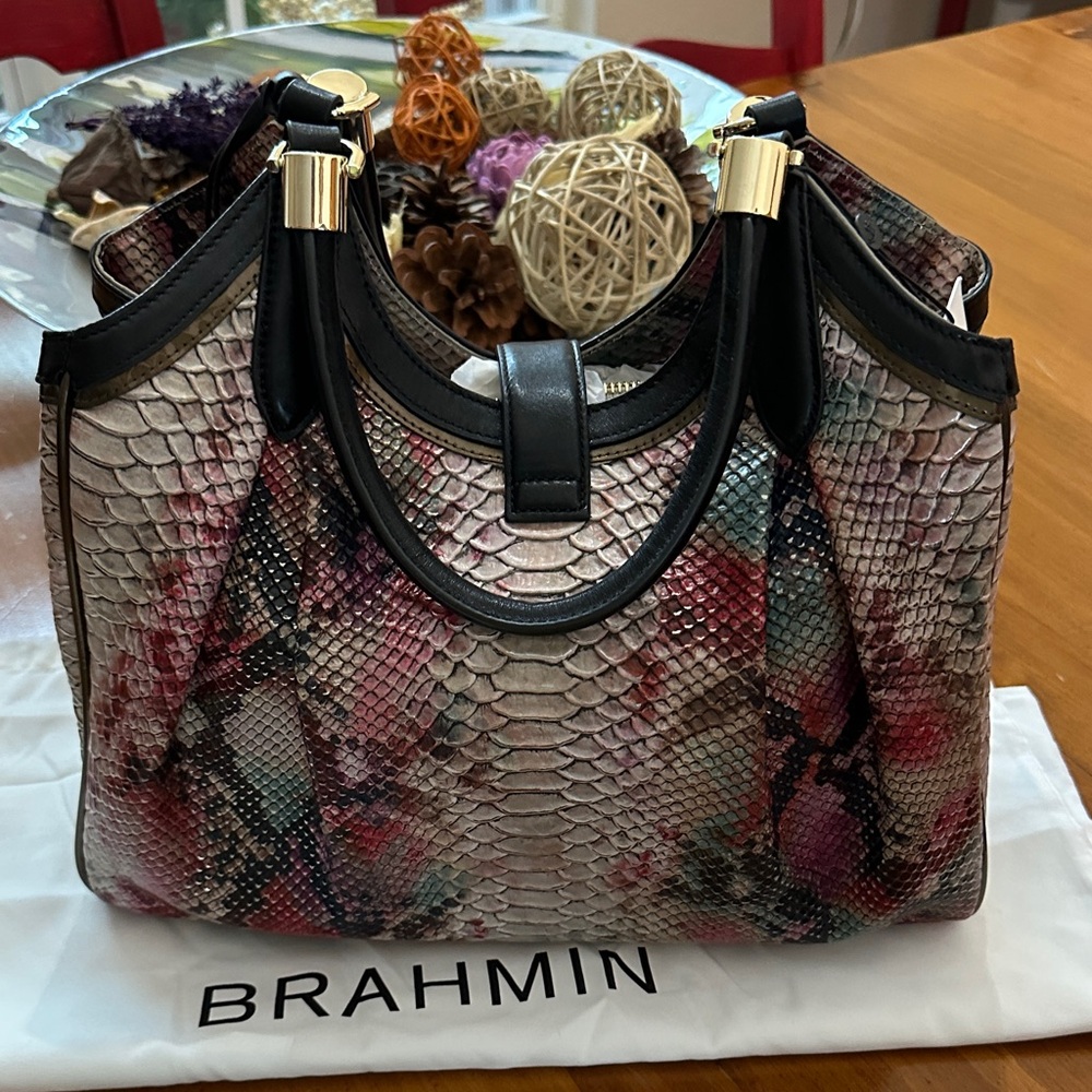 Brahmin Black and Pink Snake Print Shoulder Bag